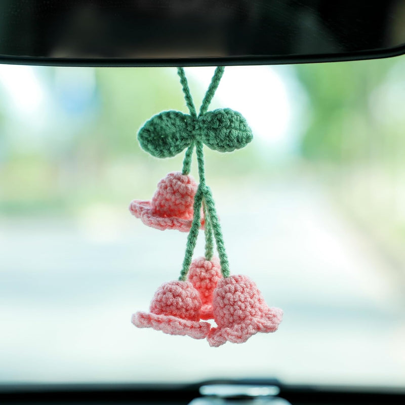 Lily Flower Hand Knitted Car Mirror Suspension Accessories, Rearview Mirror Accessories Car Decoration for Men and Women(Pink)