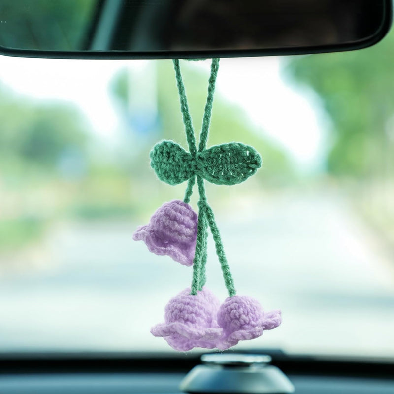 Lily Flower Hand Knitted Car Mirror Suspension Accessories, Rearview Mirror Accessories Car Decoration for Men and Women(Purple)