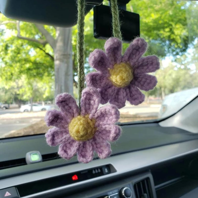 Crochet Daisy Auto Parts Women Cute Rearview Mirror Charm Crafted Daisy Flower Gift Crochet Lovers Car Decoration Car Interior Aesthetics (Purple)
