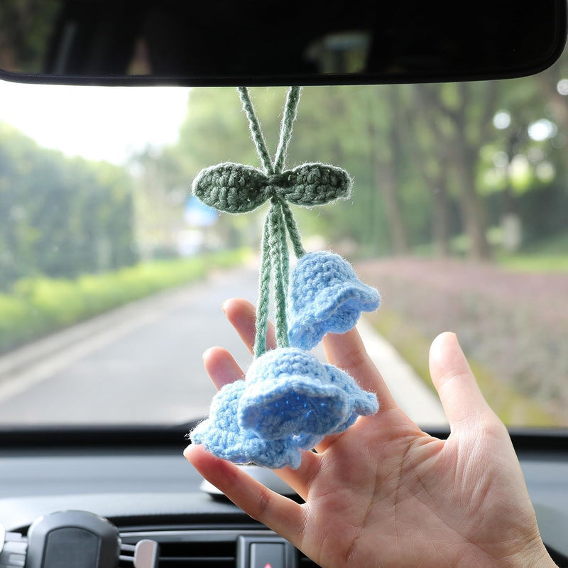 Lily Flower Hand Knitted Car Mirror Suspension Accessories, Rearview Mirror Accessories Car Decoration for Men and Women(Blue)