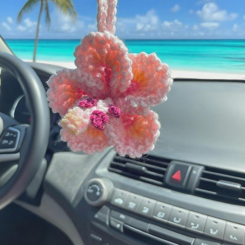 Hibiscus Car Ornaments, Crochet Hawaiian Tropical Flower Bag Charms Decoration Car Mirror Beach Accessories (Pink)
