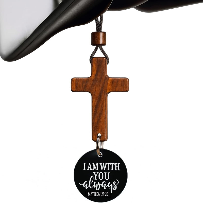 Daily Bible Verse Rearview Mirror Cross Ornament – Daily Scripture Car Hanging Cross with "I Am with You Always" Medallion (Black)