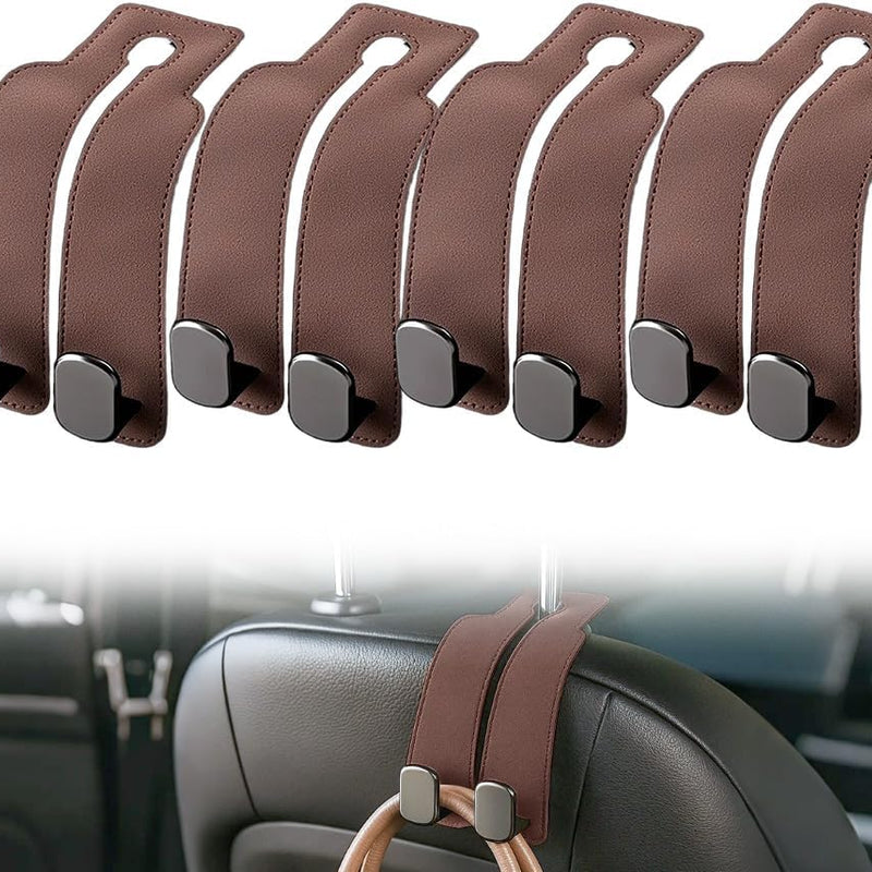 Headrest Hook for Car Seat Headrest, 2026 Wallet & Bag Hook Cute Car Wallet Holder, Double Hook Leather Car Headrest Hook Seat Back Storage Bag for Travel (Brown*4)