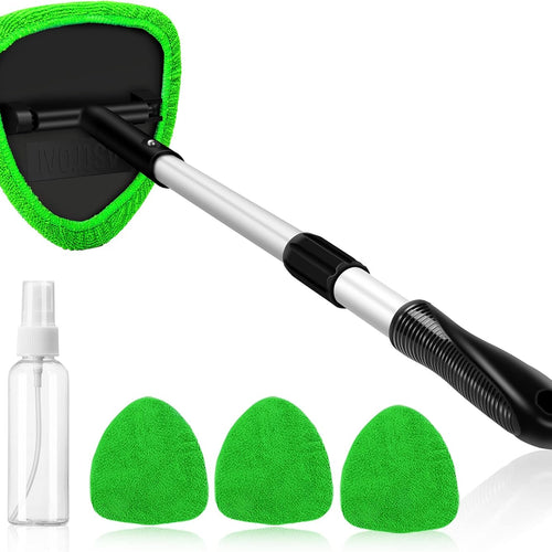 Windshield Washer Tool for Inside with 4 Reusable Washable Green Microfiber Pads