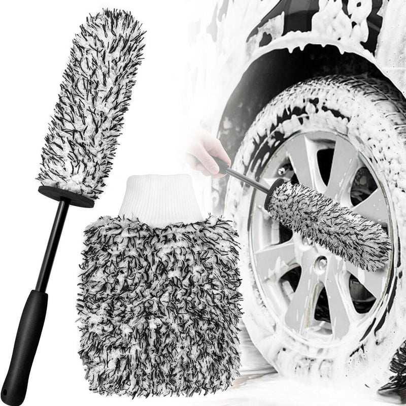 Rim Brush - Car Wheel Brush with Car Wash Glove - Microfiber Rim Brush - Tire Brush - Wheel Brush - Rim Cleaner - Car Rim Brush - Car Wheel Cleaning Brush - Detachable - Car Brush - Car Cleaning Set - Black
