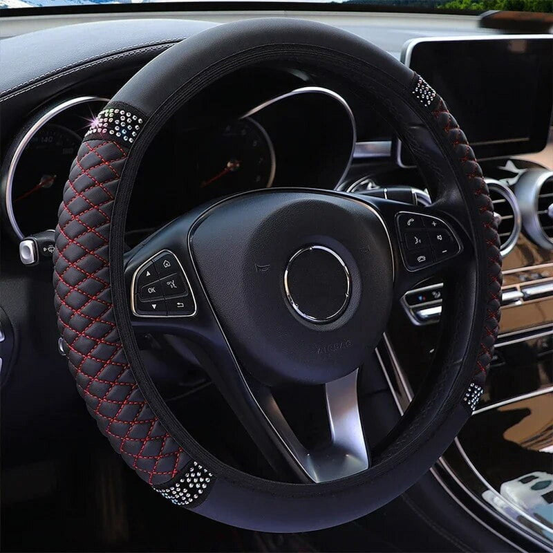 Universal Car Steering Wheel Cover 37-38cm Leather Embroidered Color Diamond-Studded Elastic Four Seasons Steering Wheel Cover Black Black-Red