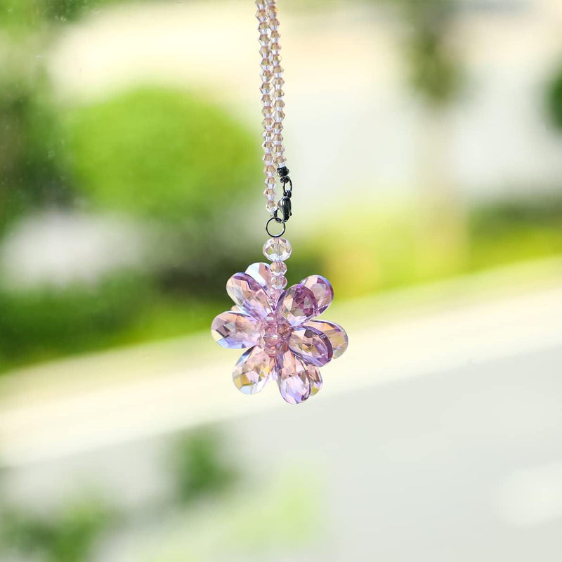 Crystal Flower Car Rear View Mirror Pendant - Pink Crystal Beads Charm Decor for Women Interior