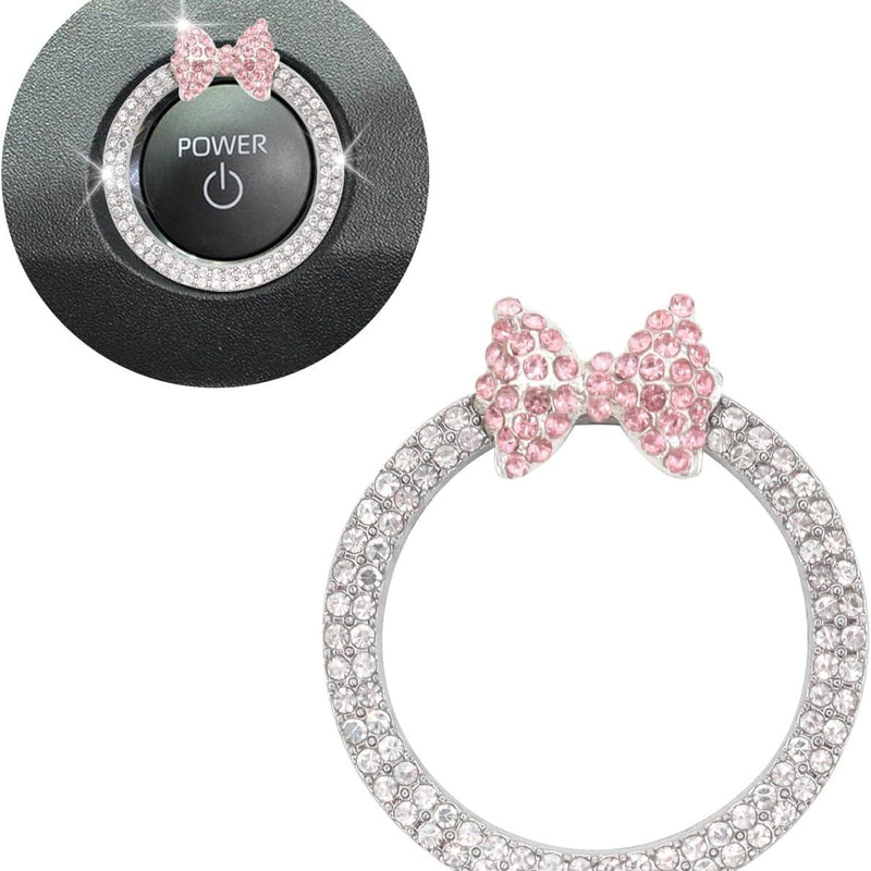 Pink Bow Car Accessories,Bow Tie Engine Start Button Ring,Bling Girly Silver Rhinestone Ring Start Stop Button Car Decor for Women,Ignition Ring Car Charm