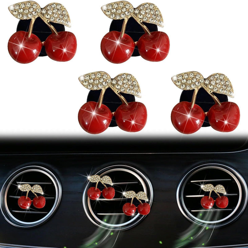 4 Pcs Cherry Car Air Vent Freshener Clip, Rhinestone Car Air Outlet Fragrance Freshener, Bling Cute Automobile Accessories Decoration for Women,Air Fresheners Decor(Odor Random)