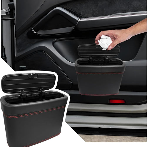 Car Trash Can with Lid, Leather Auto Dustbin Hanging Organizer with Mounting Clip, Multi-Purpose Leakproof Vehicle Garbage Bin Storage Container for Cars SUVs RVs (Black)