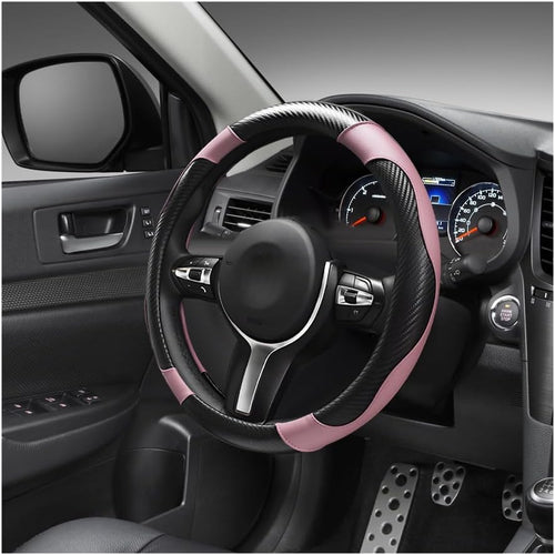 Car Steering Wheel Cover, 15 Inch Carbon Fiber Leather Anti-Slip Steering Wheel Protective Cover, Breathable Elastic Steering Wheel Warp Interior Accessories for Most Cars (Black & Pink)
