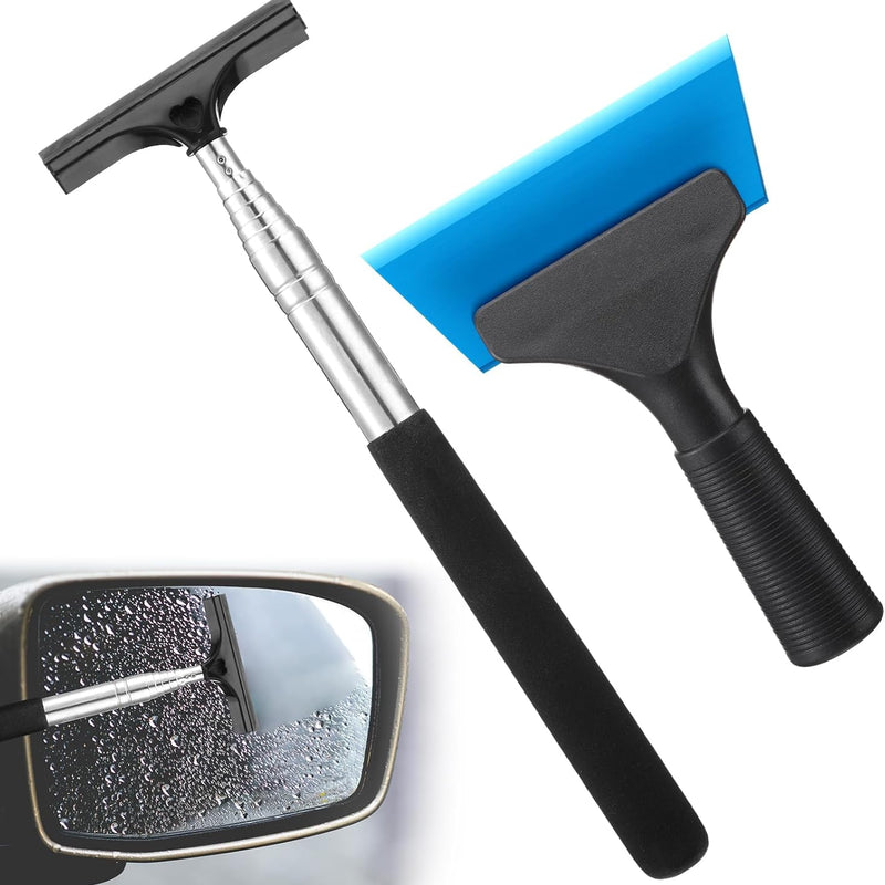 2 Pcs Side Mirror Squeegee Small 39 Inch Retractable Handle Car Squeegee with 5 Inch Car Window Mini Rearview Mirror Wiper for Glass Door Rainy Foggy Accessories