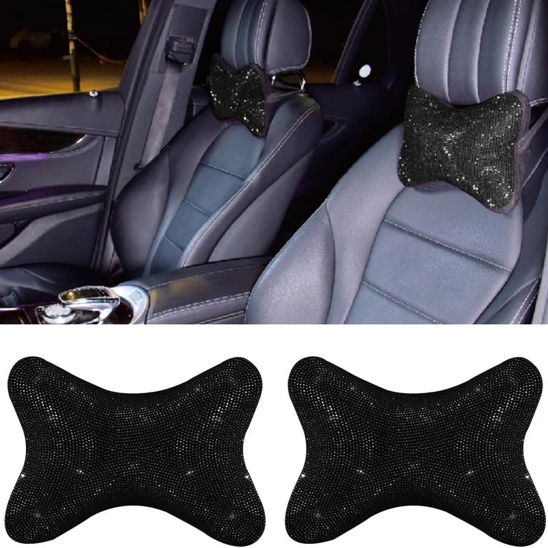 2PCS Car Neck Pillow for Driving Seat, Bling Crystal Rhinestone Diamond Comfortable Headrest Cushion, Head Rest Neck Support Relax, Car Interior Accessories for Women Girly (Black)