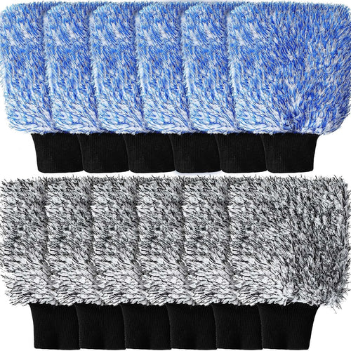 12 Pcs Microfiber Car Wash Mitts, Scratch Free Ultra Absorbent Sponge Glove Cleaner Mitts for Wheel Trucks Home Cleaning (Black and White,Blue White) -