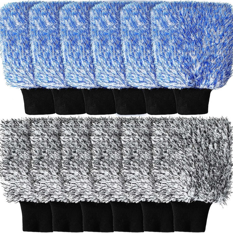 12 Pcs Microfiber Car Wash Mitts, Scratch Free Ultra Absorbent Sponge Glove Cleaner Mitts for Wheel Trucks Home Cleaning (Black and White,Blue White) -