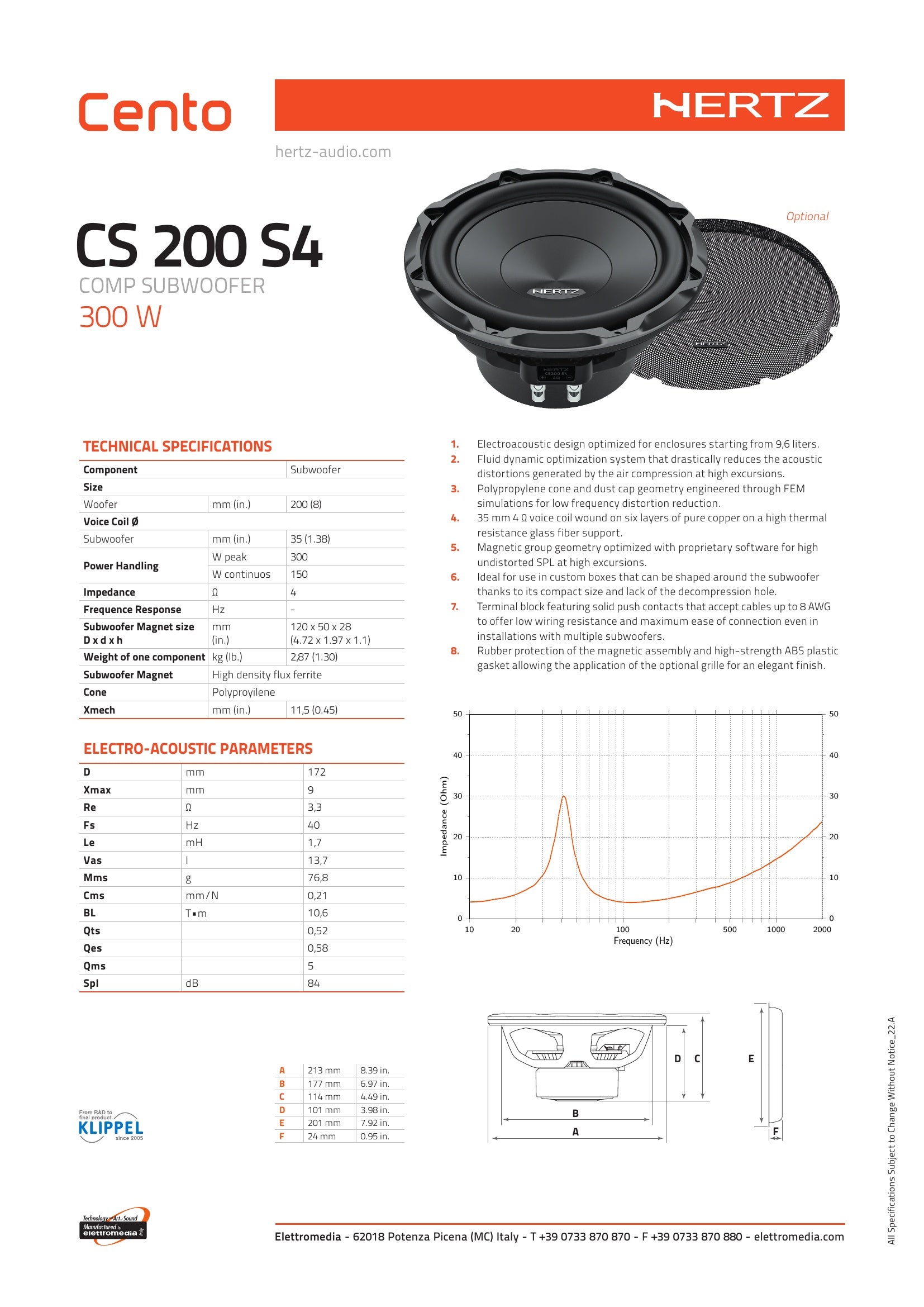 Hertz Cento CS200S4 8” Subwoofer