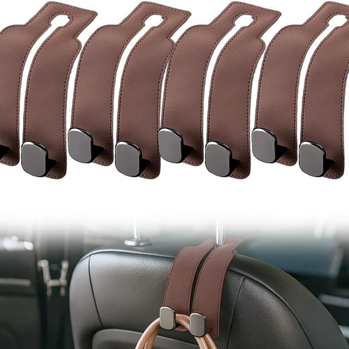 Headrest Hook for Car Seat Headrest, 2026 Wallet & Bag Hook Cute Car Wallet Holder, Double Hook Leather Car Headrest Hook Seat Back Storage Bag for Travel (Brown*4)