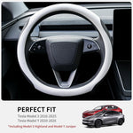 Premium Nappa-Style Steering Wheel Cover for Tesla Model 3 (2016–2025) and Model Y (2020–2026), Two-Tone White & Black, Silicone-Lined, Anti-Slip Grip Zones, Easy Install (White)