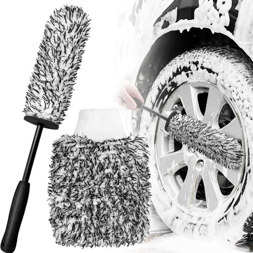 Rim Brush - Car Wheel Brush with Car Wash Glove - Microfiber Rim Brush - Tire Brush - Wheel Brush - Rim Cleaner - Car Rim Brush - Car Wheel Cleaning Brush - Detachable - Car Brush - Car Cleaning Set - Black