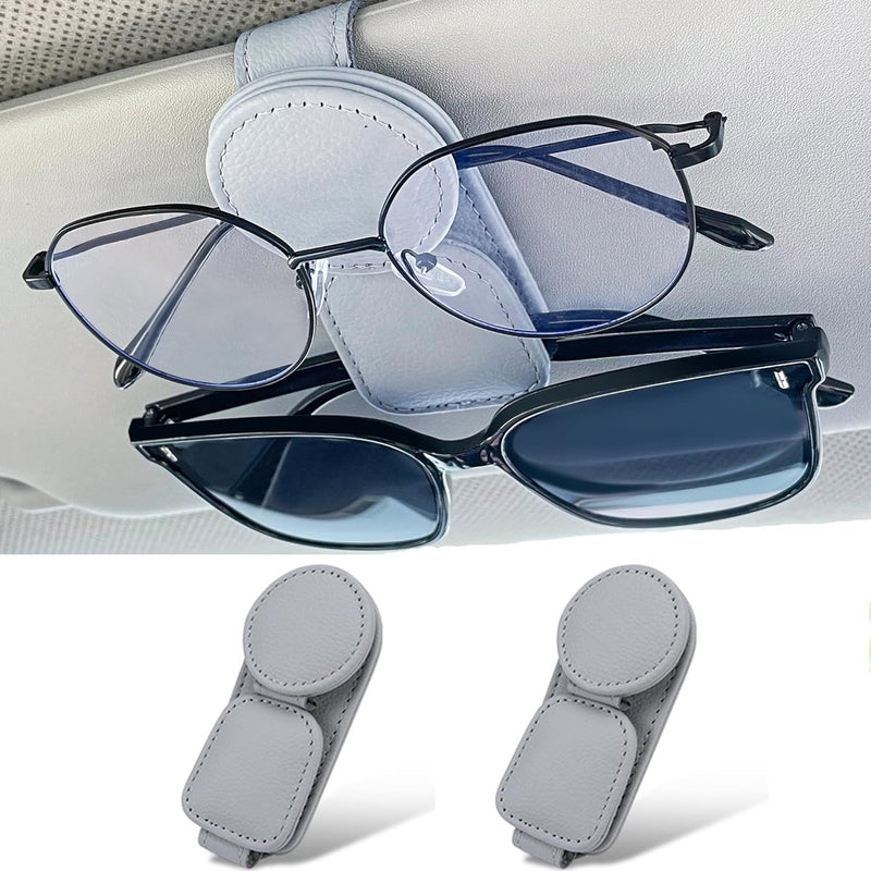 Sunglasses Holder for Car Sun Visor - 2 Pieces - Sunglasses Holder for Car Visor - Grey - Magnetic Leather Sunglasses Glasses Hanger Clip - Glasses Holder - for Car Sun Visor Accessories - Magnetic Glasses Holder - Visor Sunglasses Holder Clip