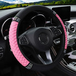Universal Car Steering Wheel Cover 37-38cm Leather Embroidered Color Diamond-Studded Elastic Four Seasons Steering Wheel Cover Black Pink