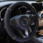 Universal Car Steering Wheel Cover 37-38cm Leather Embroidered Color Diamond-Studded Elastic Four Seasons Steering Wheel Cover Black Pink