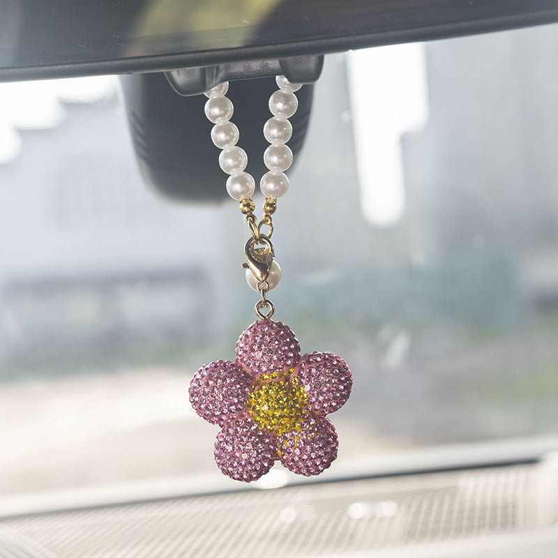 3D Rhinestone Flower Car Hanging, Pearl Chain Mirror Charm, Bling Car Interior Decor for Women