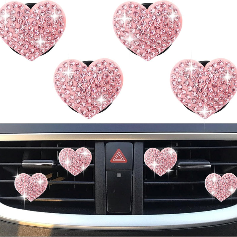 4PCS Heart-Shaped Car Vent Clips with Rhinestone,Bling Air Vent Clips Car Decorations,Premium Shiny Car Clips for Vents CCar Accessories Interior for Cars,Trucks,SUVs (Pink)