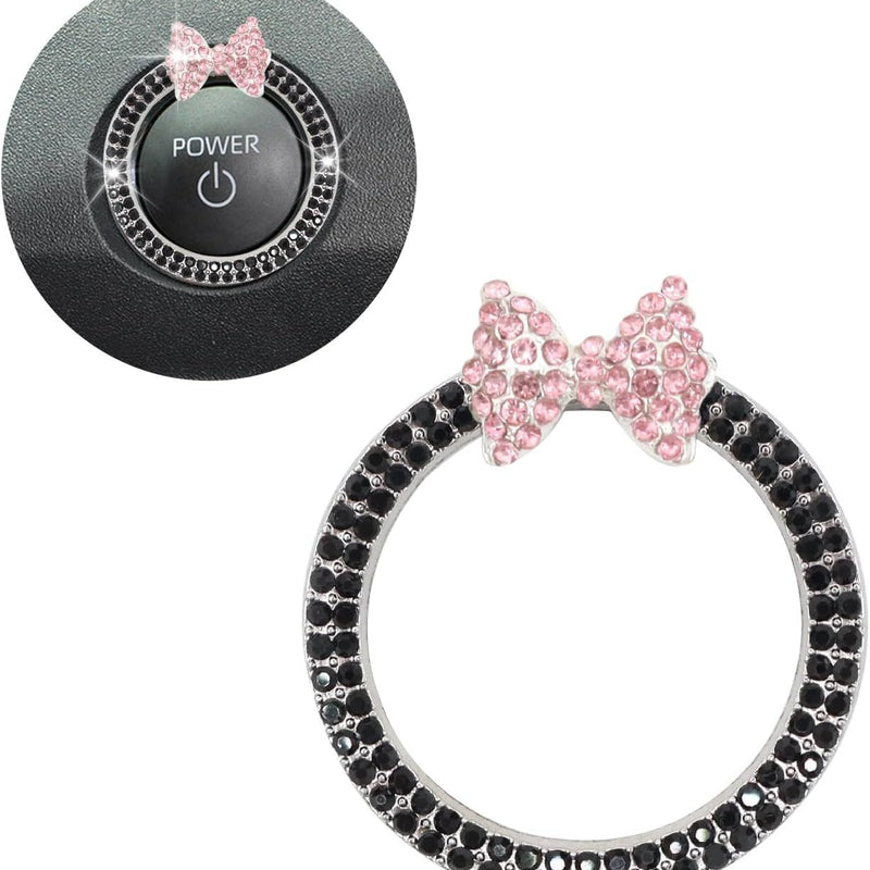 Bow Car Accessories,Pink Bow Tie Push Start Button Rhinestone Ring,Black Engine Start Stop Button Ring Car Decor,Bling Girly Ignition Charm