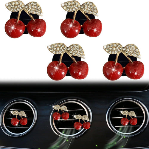 4 Pcs Cherry Car Air Vent Freshener Clip, Rhinestone Car Air Outlet Fragrance Freshener, Bling Cute Automobile Accessories Decoration for Women,Air Fresheners Decor（Odor Random）