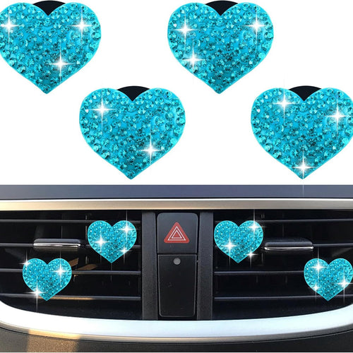 4PCS Heart-Shaped Car Vent Clips with Rhinestone,Bling Air Vent Clips Car Decorations,Premium Shiny Car Clips for Vents Accessories Interior (Lake Blue)