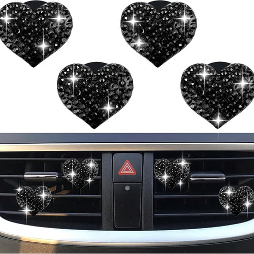 4PCS Heart-Shaped Car Vent Clips with Rhinestone,Bling Air Vent Clips Car Decorations,Premium Shiny Car Clips for Vents Accessories Interior (Black)