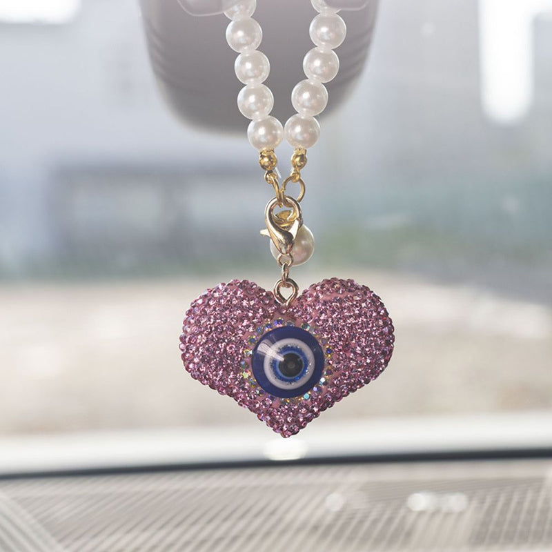 Bling Crystal Evil Eye & Heart Car Rearview Mirror Hanging Ornament | Diamond Pearl Chain Car Charm Decor