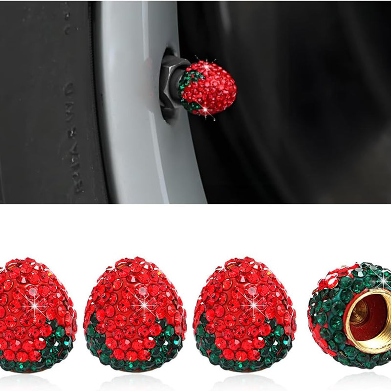 4PCS Strawberry Car Tire Valve Stem Caps, Cute Sparkling Rhinestone Dustproof Wheel Valve Stem Cover, Bling Strawberry Tire Valve Air Cap Cover for Car Truck SUV Motorcycle (Red)