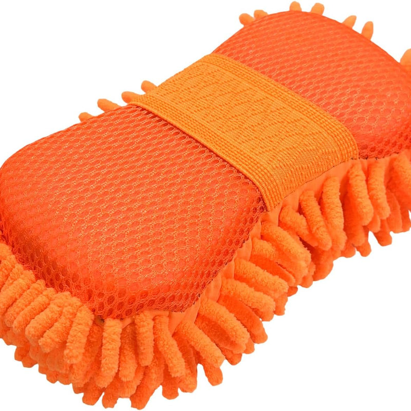 Microfiber Car Wash Sponge, Scratch-Free Vehicle Washing Mitt with Chenille & Mesh Sides, Highly Absorbent Sponge Lint-Free Cleaning Tool for Car Washing & Detailing (Orange)