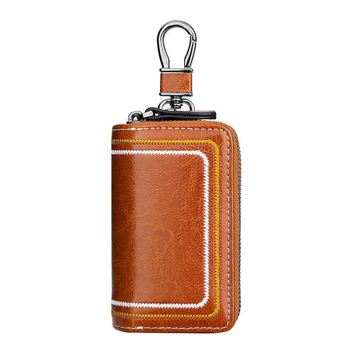 Brown Premium Genuine Leather Double Zipper Key Case - Car & House Key Organizer Pouch