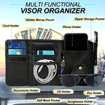Black Premium Leather Car Sun Visor Organizer - Secure Zippered Storage Pouch with Card, Document & Eyewear Clip