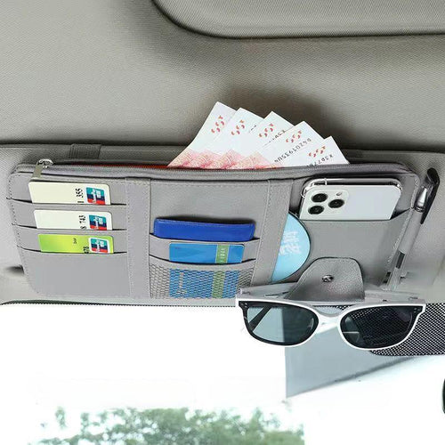 Grey Premium Leather Car Sun Visor Organizer - Secure Zippered Storage Pouch with Card, Document & Eyewear Clip