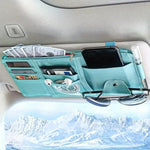 Blue Premium Leather Car Sun Visor Organizer - Secure Zippered Storage Pouch with Card, Document & Eyewear Clip