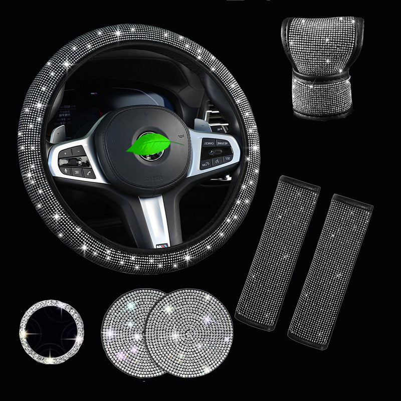 White 7-Piece Car Interior Decoration Set – Crystal Rhinestone Steering Wheel Cover, Gear Shift Cover, Seat Belt Pads, Cup Coasters & Ignition Switch Cover