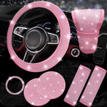 All pink 7-Piece Car Interior Decoration Set – Crystal Rhinestone Steering Wheel Cover, Gear Shift Cover, Seat Belt Pads, Cup Coasters & Ignition Switch Cover