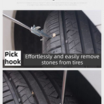 Multifunctional Car Tire Stone Remover Hook with Storage Bag, Zinc Alloy 4-Head Pick & Tire Brush – 28cm Stainless Steel Cleaning Tool Built-In Screwdriver and Emergency Window Breaker