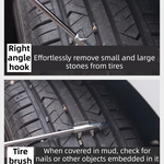 Multifunctional Car Tire Stone Remover Hook with Storage Bag, Zinc Alloy 4-Head Pick & Tire Brush – 28cm Stainless Steel Cleaning Tool Built-In Screwdriver and Emergency Window Breaker