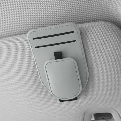Grey Car Sun Visor Eyeglasses Holder Magnetic Glasses Clip with Card Storage Multifunction Auto Sunglasses Organizer PVC Leather Interior Accessory