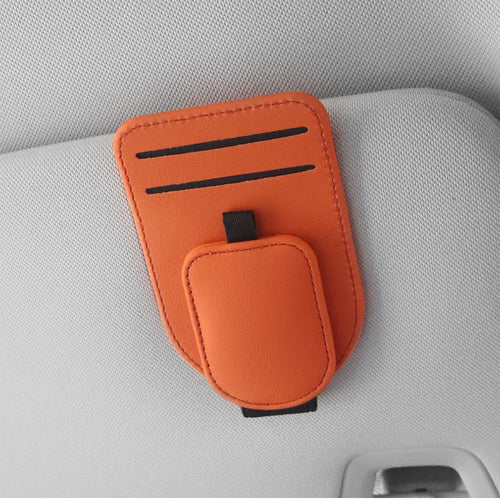 Orange Car Sun Visor Eyeglasses Holder Magnetic Glasses Clip with Card Storage Multifunction Auto Sunglasses Organizer PVC Leather Interior Accessory